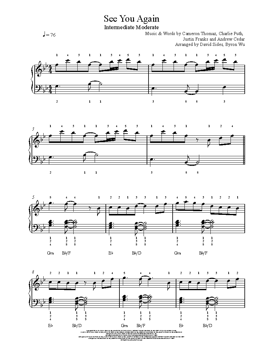 See You Again By Wiz Khalifa Ft Charlie Puth Sheet Music Lesson Intermediate Level