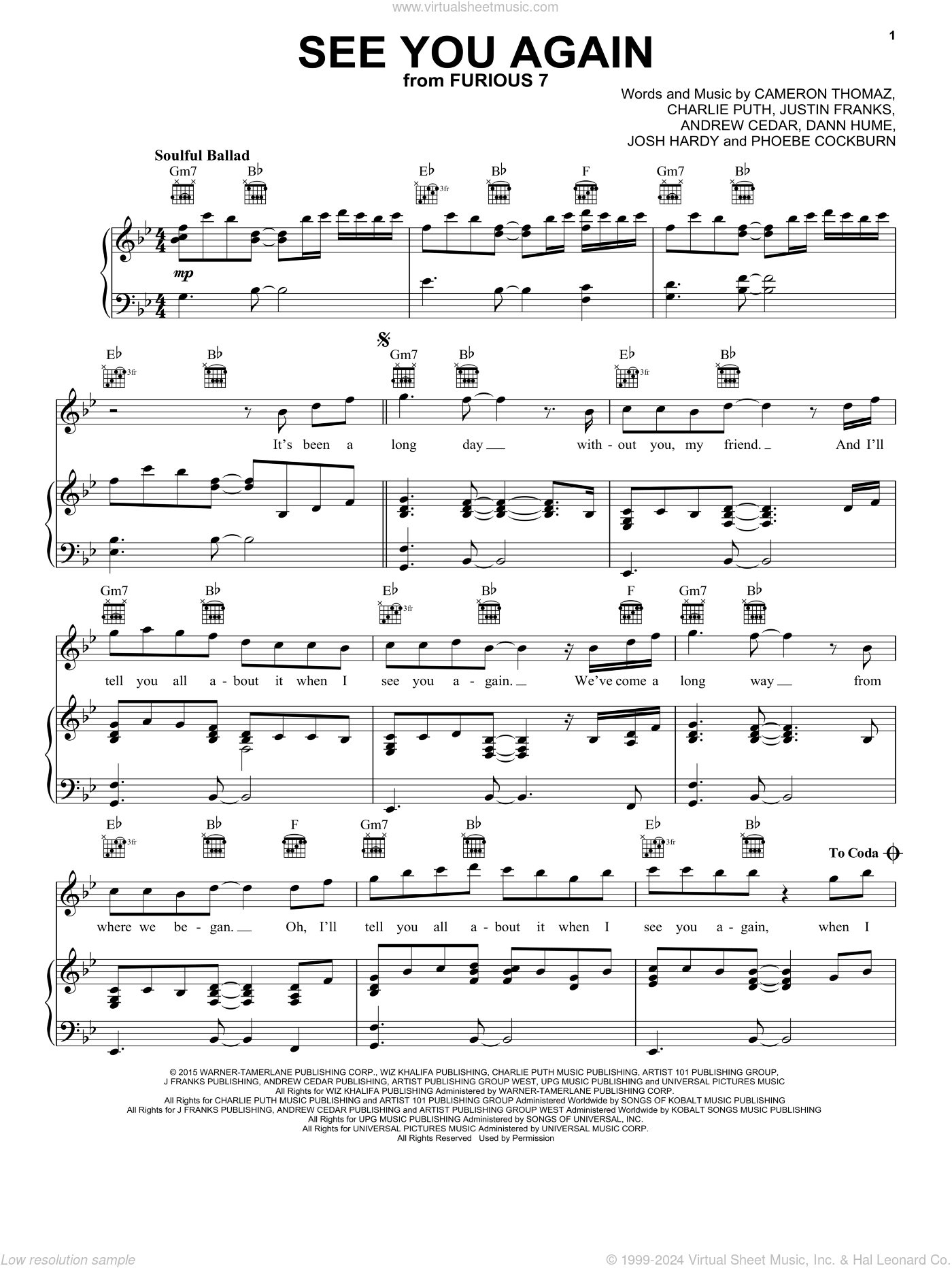 See You Again feat Charlie Puth Sheet Music For Voice Piano Or Guitar