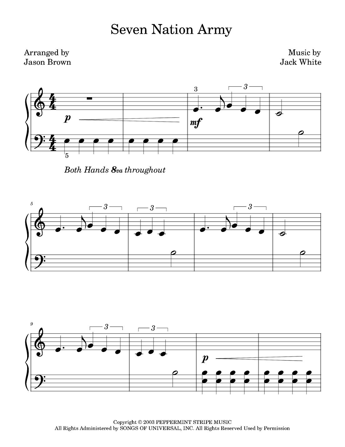 Seven Nation Army arr Jason Brown By White Stripes Sheet Music For Easy Piano At Sheet Music Direct Seven Nation Army arr Jason Brown By White Stripes Sheet Music For Easy Piano At Sheet Music Direct