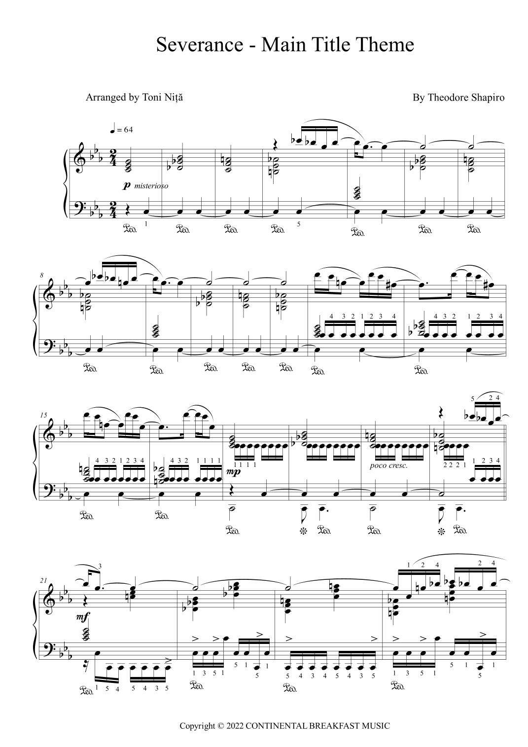 Severance Main Title Theme arr Toni Nita By Theodore Shapiro Sheet Music For Piano Solo At Sheet Music Direct