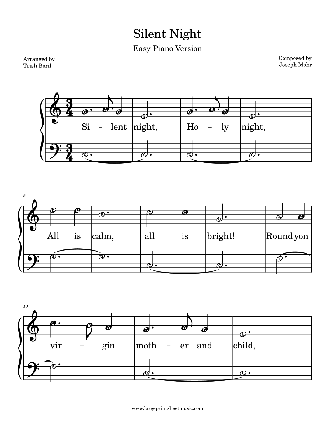 Silent Night Easy Piano LARGE PRINT With Note Names In Note Head arr Trish Boril By Joseph Mohr Sheet Music For Piano Solo At Sheet Music Direct Silent Night Easy Piano LARGE PRINT With Note Names In Note Head arr Trish Boril By Joseph Mohr Sheet Music For Piano Solo At Sheet Music Direct