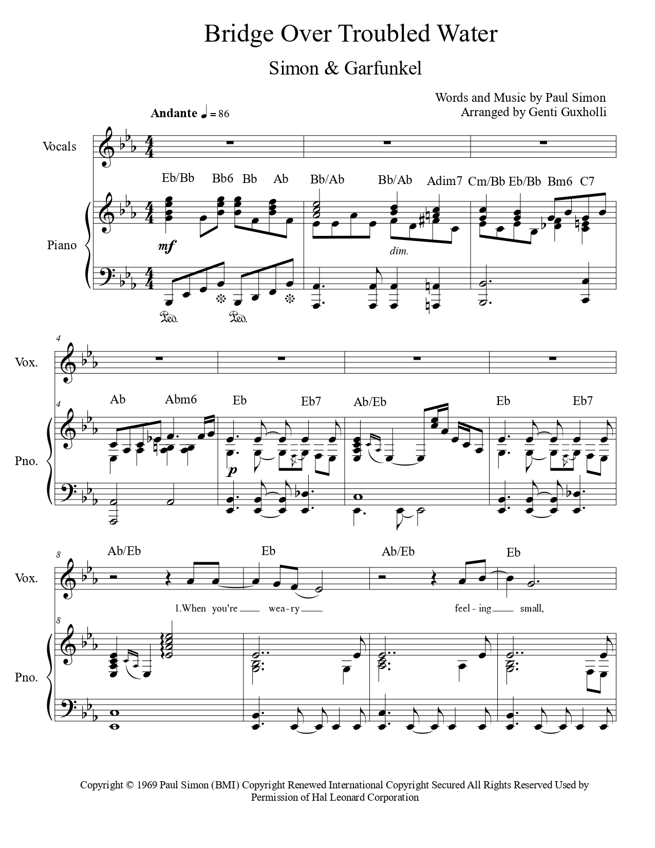 Simon Garfunkel Bridge Over Troubled Water Piano Vocal Littlesheetmusic