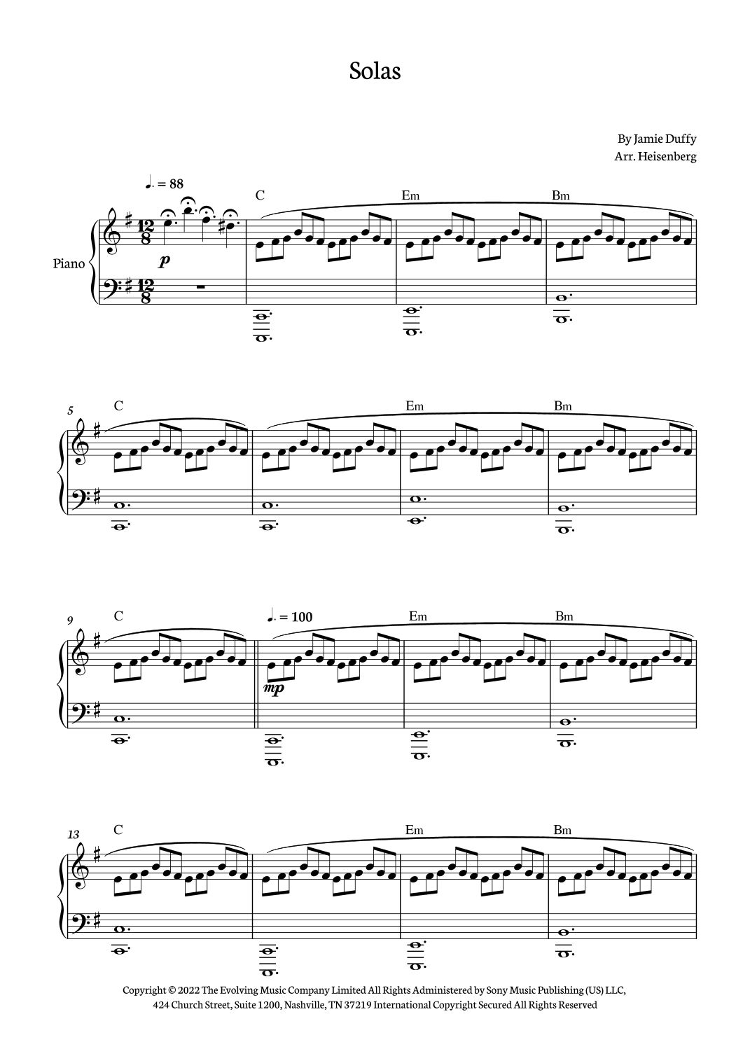 Solas arr Heisenberg By Jamie Duffy Sheet Music For Piano Solo At Sheet Music Direct