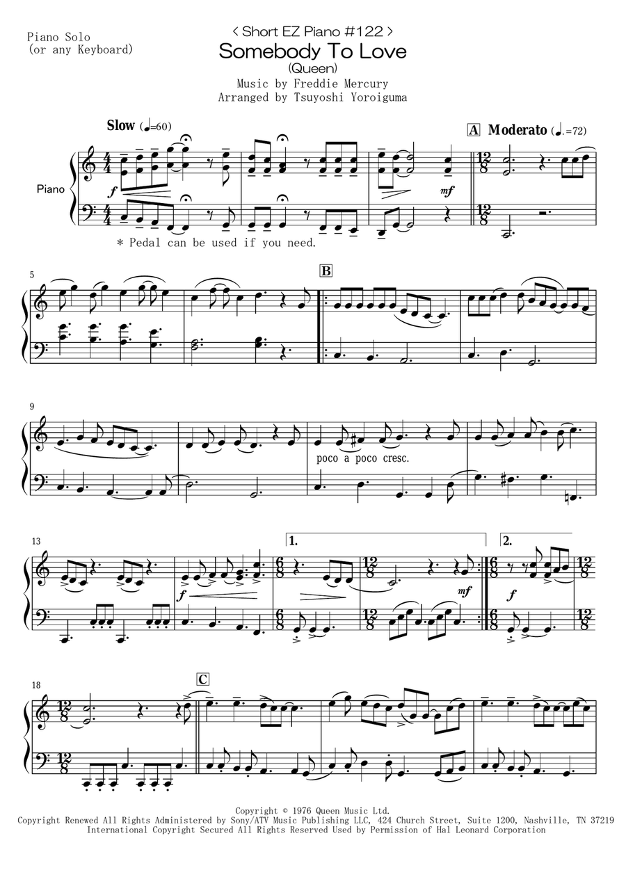 somebody to love piano sheet music somebody to love piano sheet music