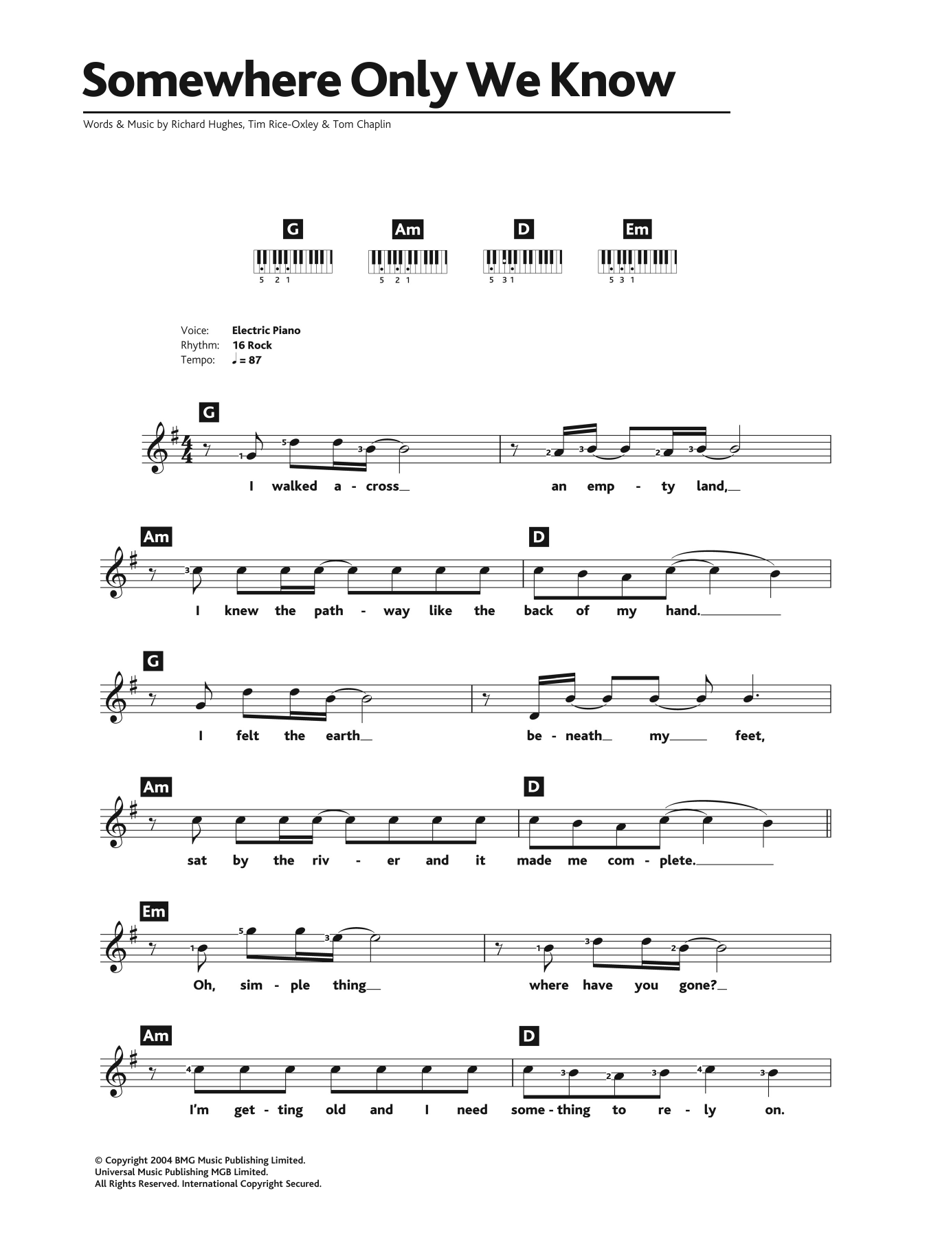 Somewhere Only We Know By Keane Sheet Music For Piano Chords Lyrics At Sheet Music Direct