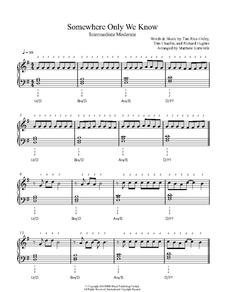 Somewhere Only We Know By Keane Sheet Music Lesson Intermediate Level