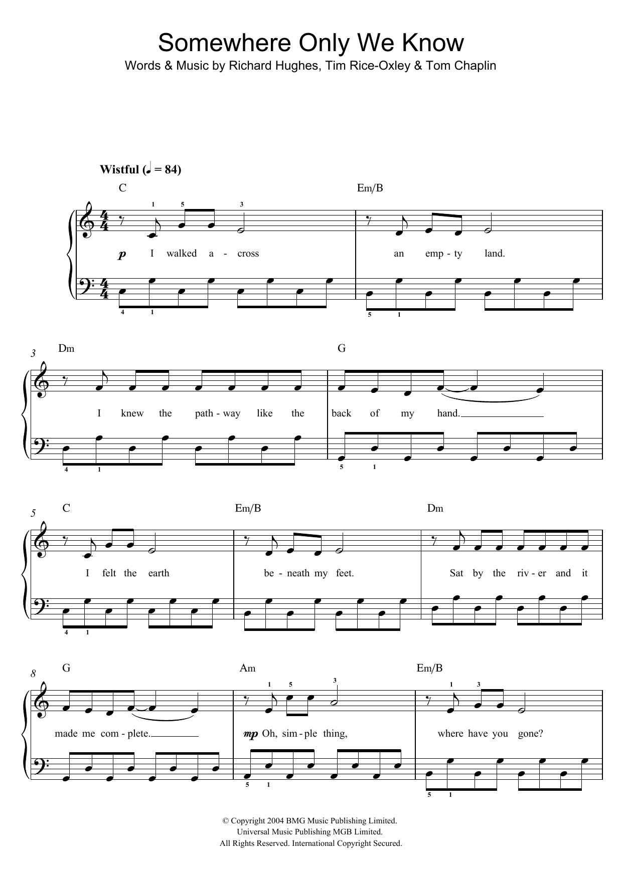keane somewhere only we know piano sheet music