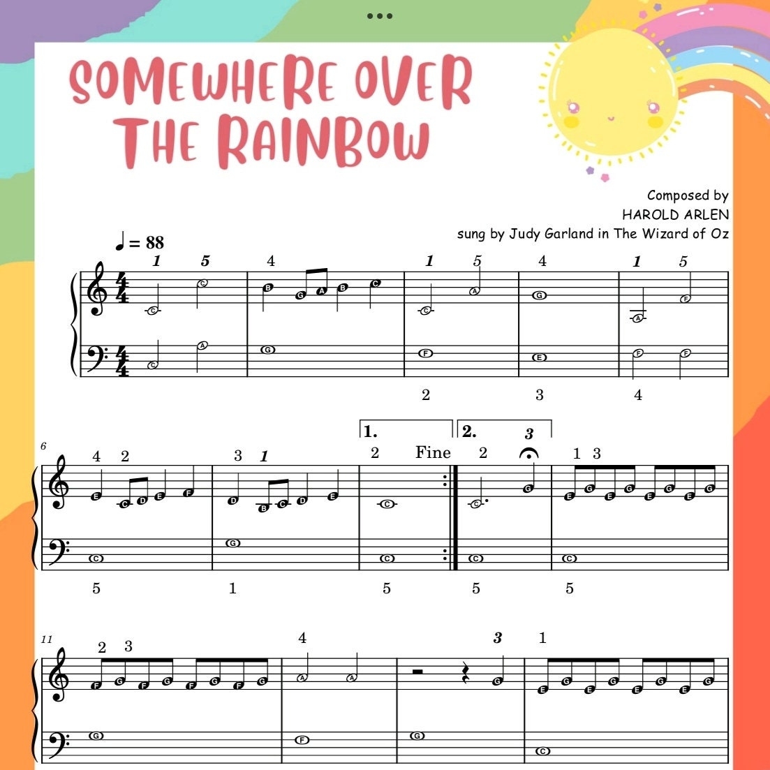 Somewhere Over The Rainbow For Kids Attractive Piano Sheet Music Score Etsy