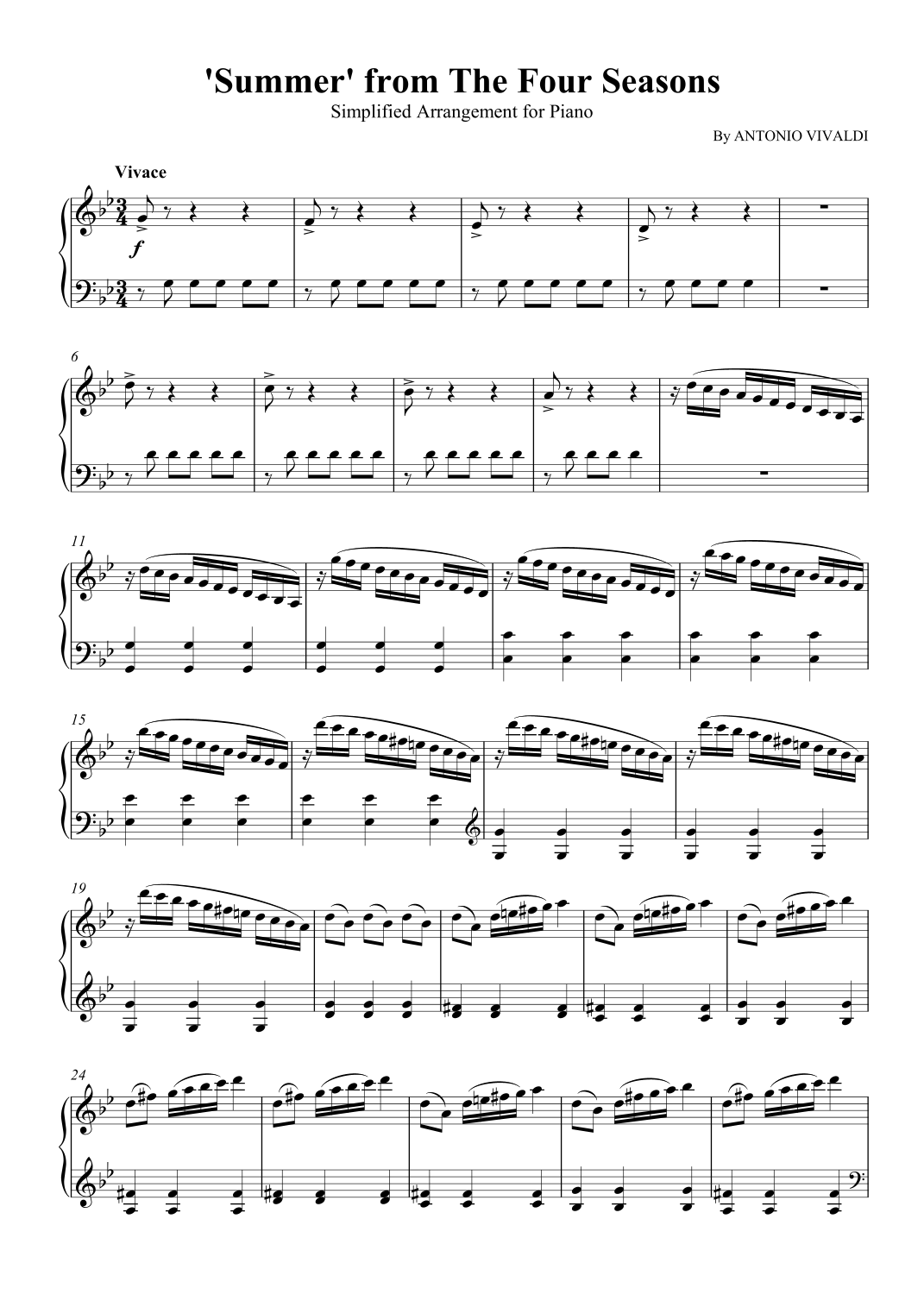 Summer From The Four Seasons Simplified Solo Piano arr SCMusic By Antonio Vivaldi Sheet Music For Piano Solo At Sheet Music Direct