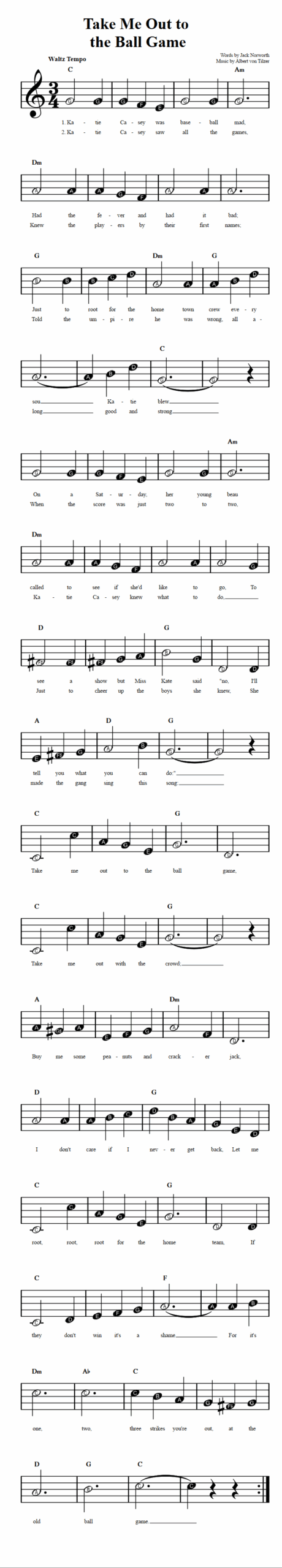Take Me Out To The Ball Game Beginner Sheet Music With Chords And Lyrics