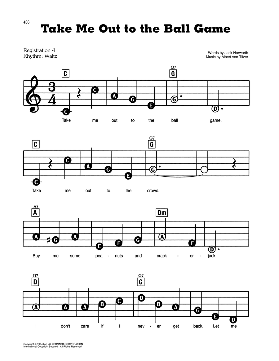 Take Me Out To The Ball Game Electronic Keyboard Organ Accompaniment Easy Piano Digital Sheet Music Sheet Music Plus
