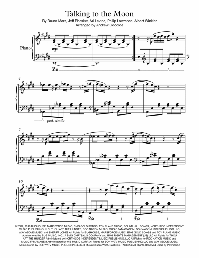 Talking To The Moon arr LaLaLessons By Bruno Mars Sheet Music For Piano Solo At Sheet Music Direct