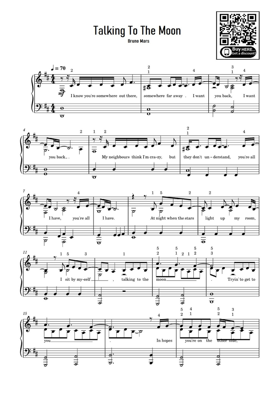 Talking To The Moon By Bruno Mars Easy Piano Digital Sheet Music Sheet Music Plus