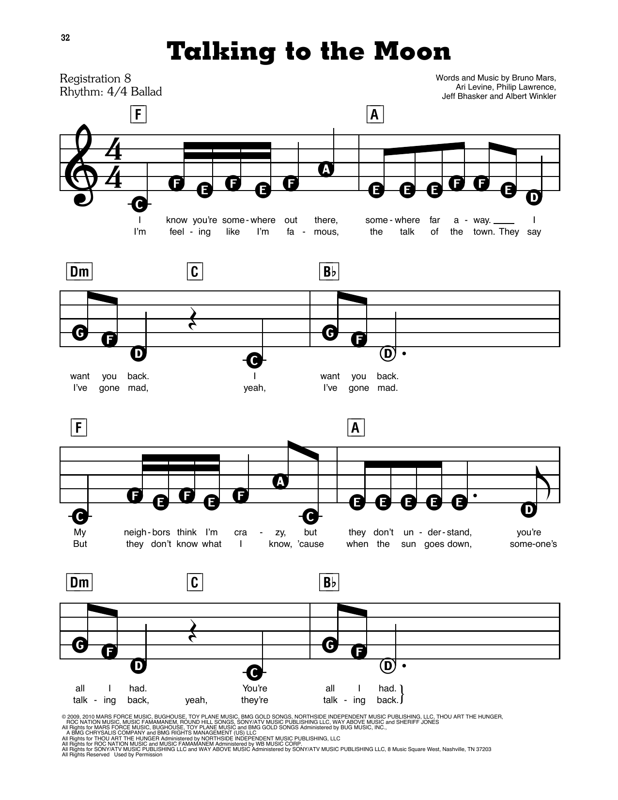 Talking To The Moon By Bruno Mars Sheet Music For E Z Play Today At Sheet Music Direct