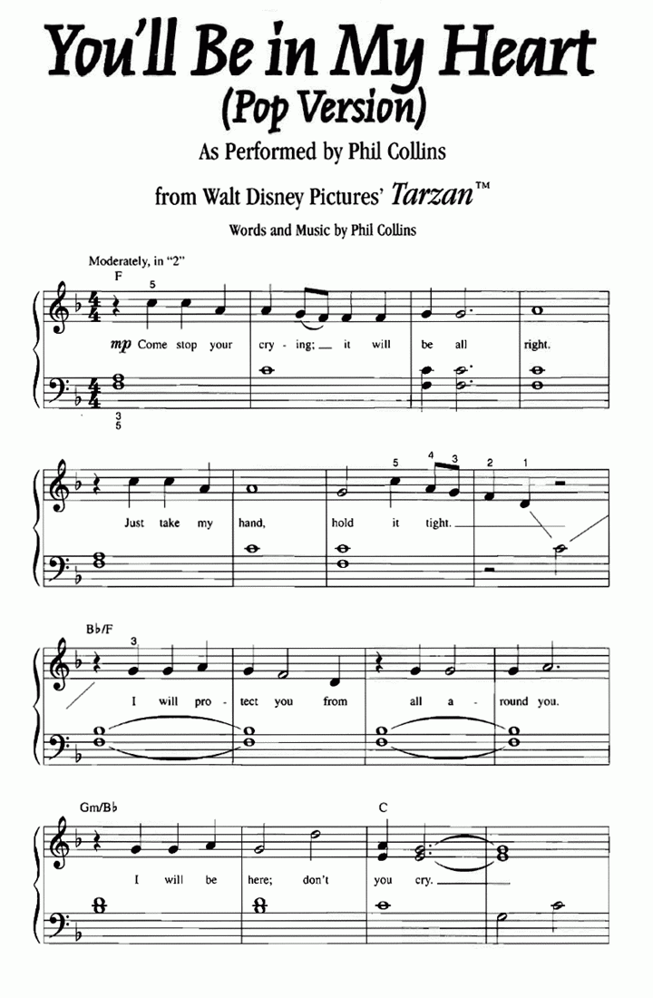 Tarzan YOU LL BE IN MY HEART Easy Piano Sheet Music Easy Sheet Music