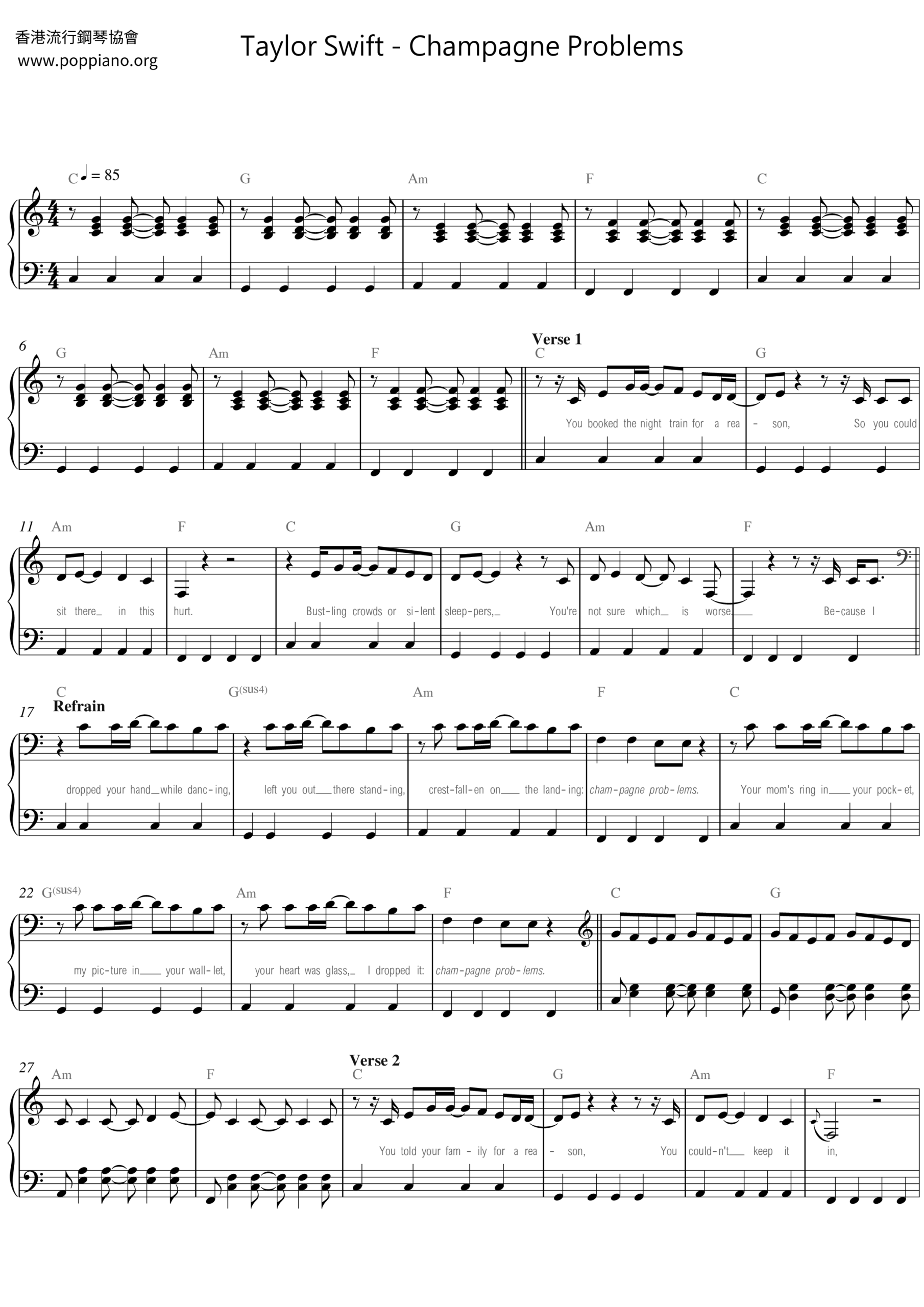  Taylor Swift Champagne Problems Sheet Music Pdf Free Score Download 