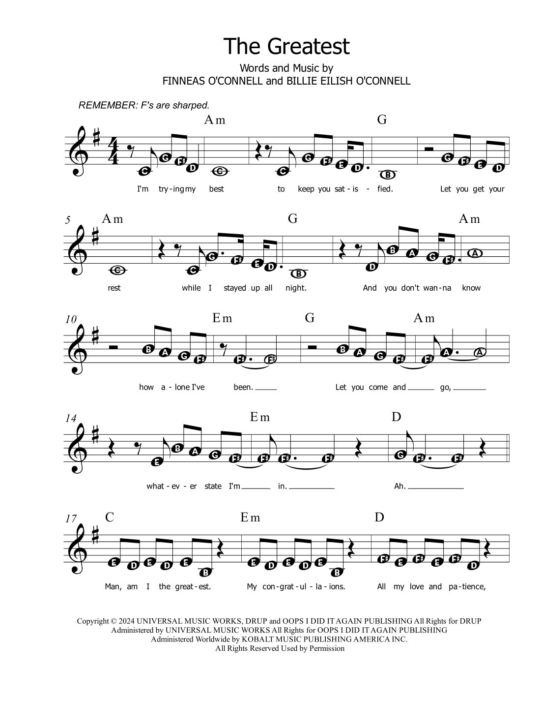 The Greatest arr Edna J Bloom By Billie Eilish Sheet Music For Easy Piano At Sheet Music Direct