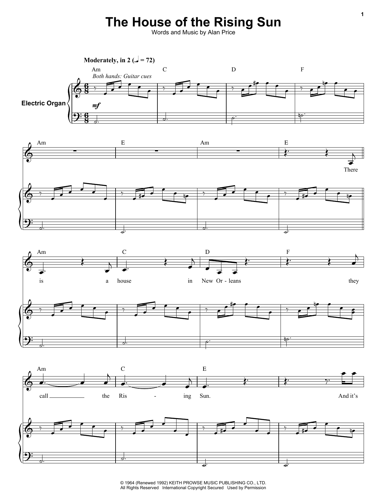 The House Of The Rising Sun By The Animals Sheet Music For Keyboard Transcription At Sheet Music Direct