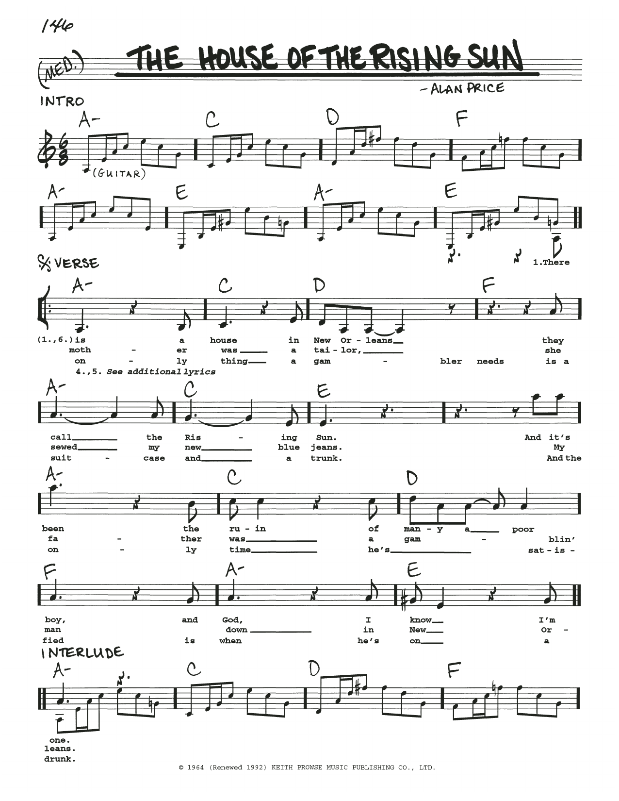 The House Of The Rising Sun By The Animals Sheet Music For Real Book Melody Lyrics Chords At Sheet Music Direct