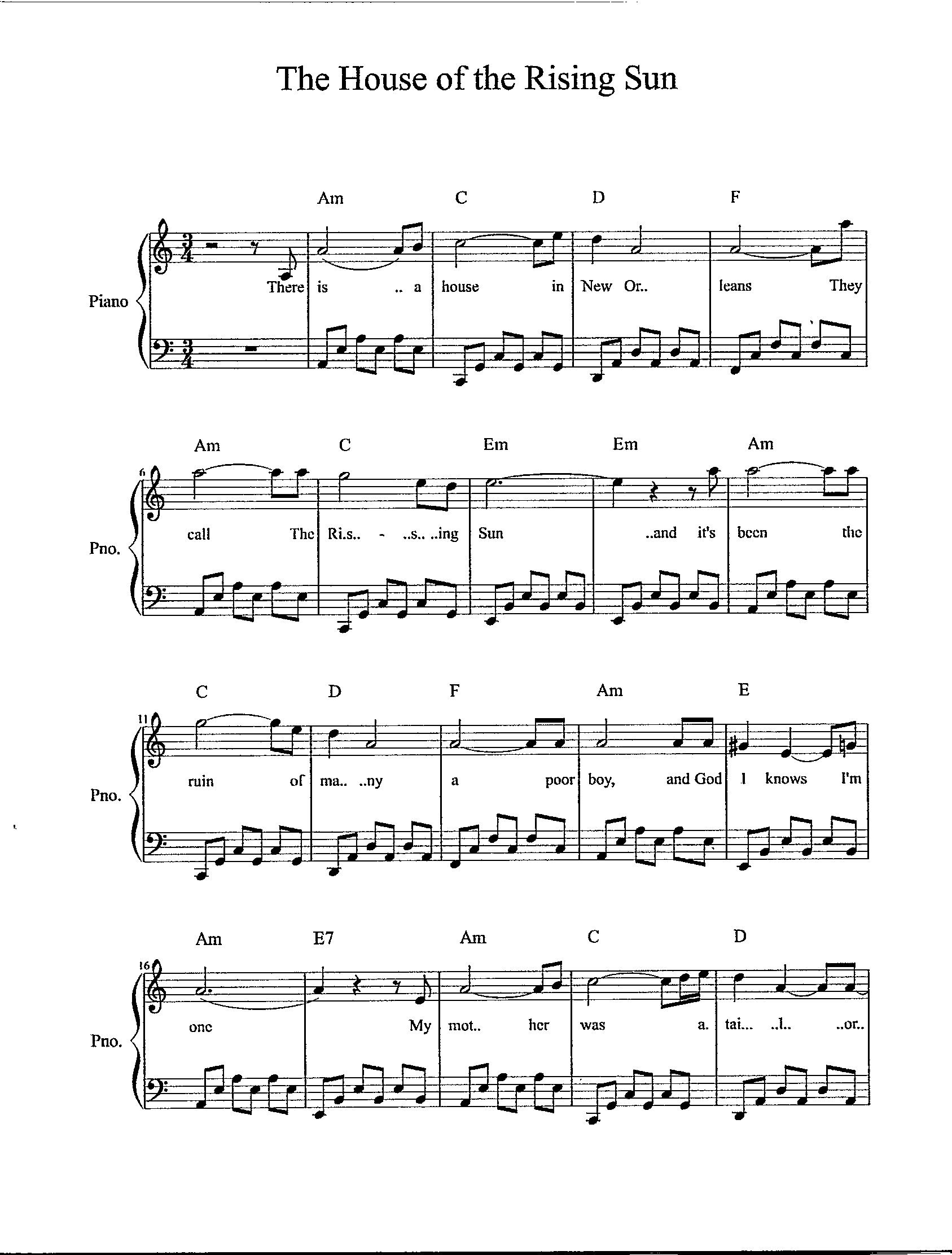 The House Of The Rising Sun Digital Piano Arrangement With Lyrics Key Of A Minor Etsy