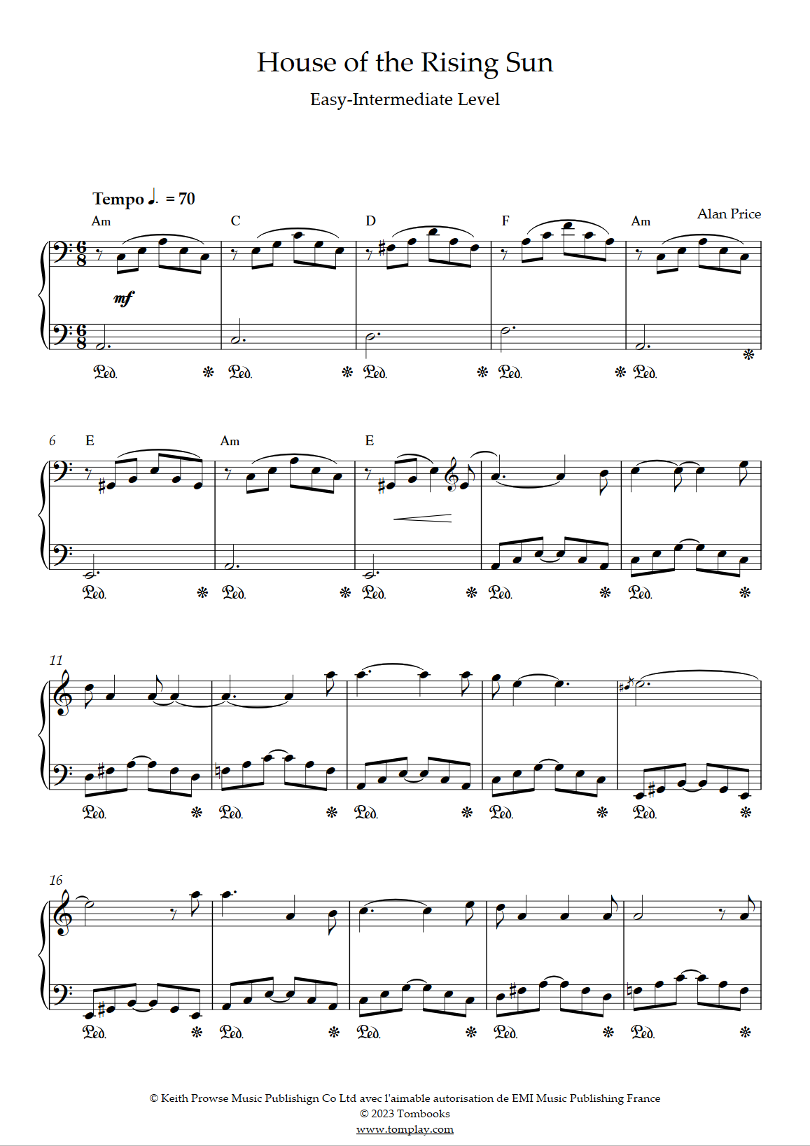 The House Of The Rising Sun Easy Intermediate Level Solo Piano The Animals Piano Sheet Music