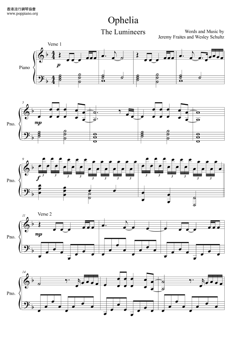  The Lumineers Ophelia Sheet Music Pdf Free Score Download 