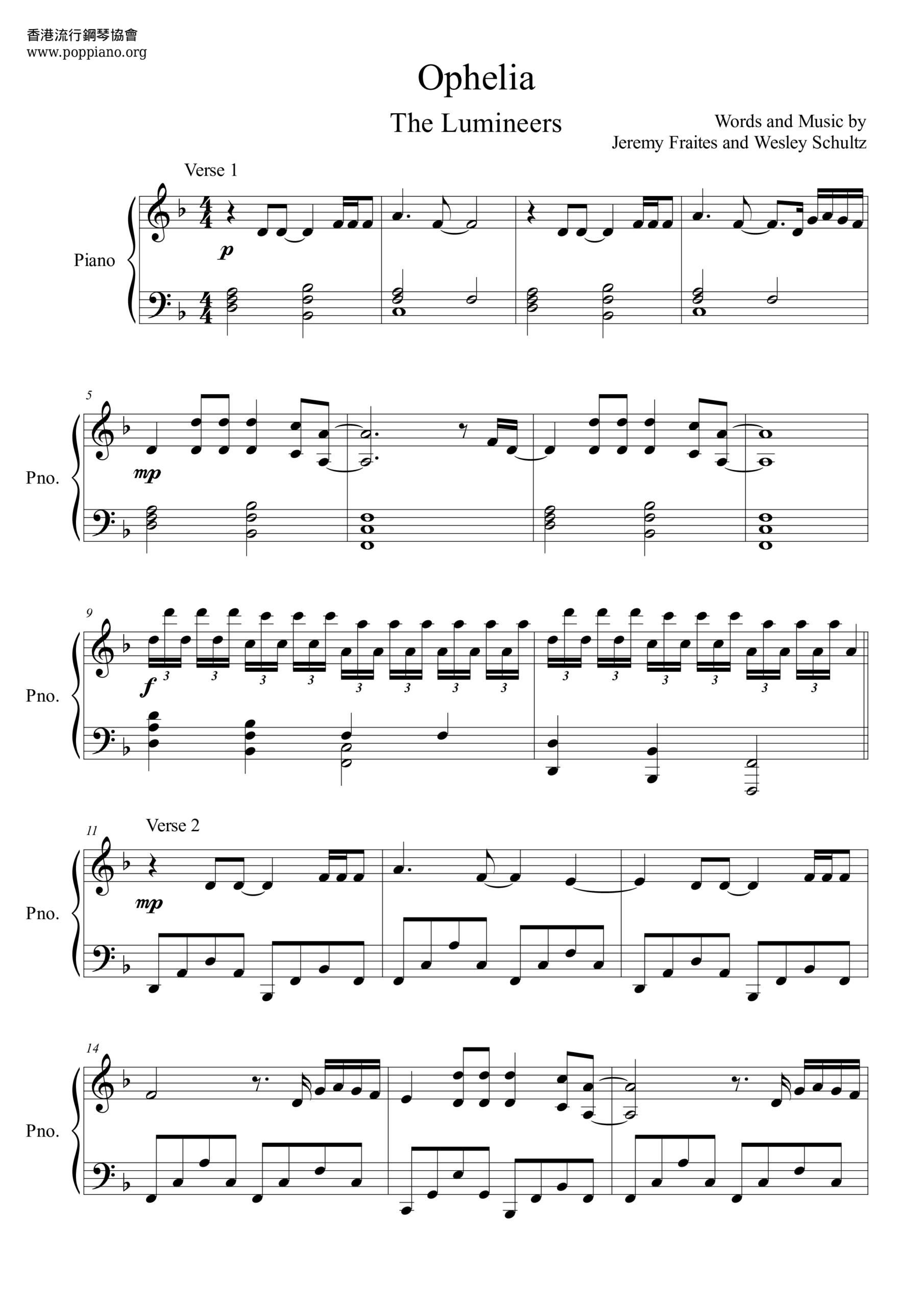  The Lumineers Ophelia Sheet Music Pdf Free Score Download 