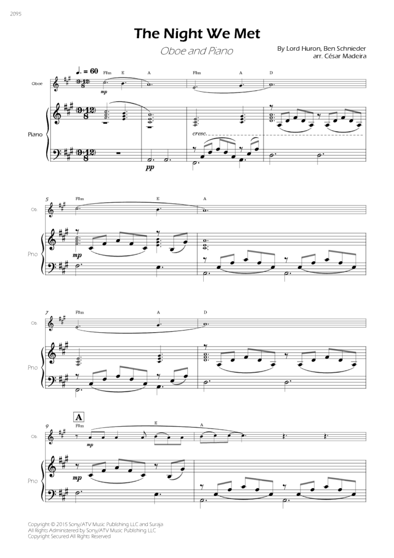 The Night We Met arr C sar Madeira By Lord Huron Sheet Music For Oboe And Piano At Sheet Music Direct