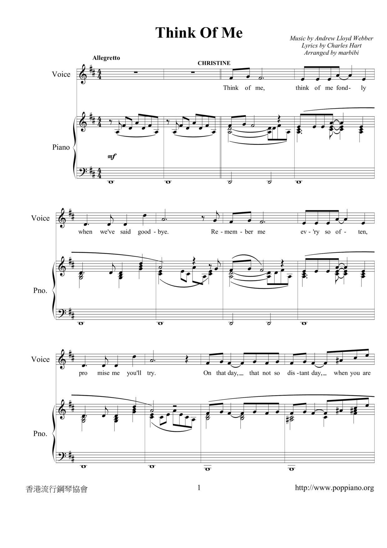think of me piano sheet music
