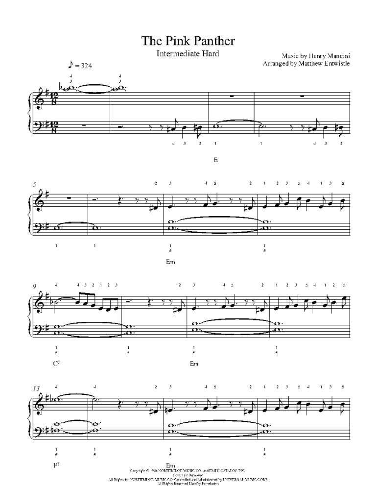 The Pink Panther By Henry Mancini Sheet Music Lesson Intermediate Level