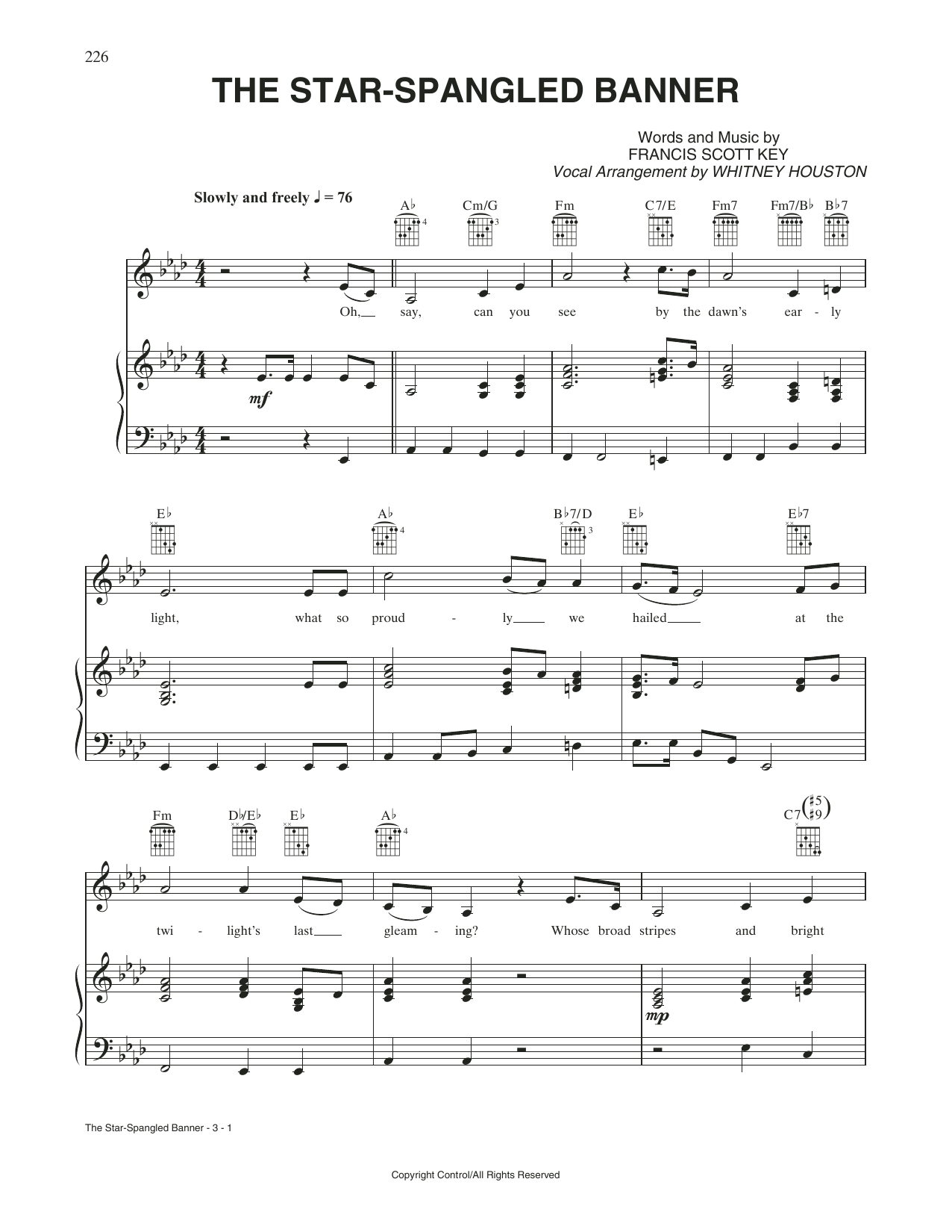 The Star Spangled Banner By Whitney Houston Sheet Music For Piano Vocal Guitar Chords Right Hand Melody At Sheet Music Direct