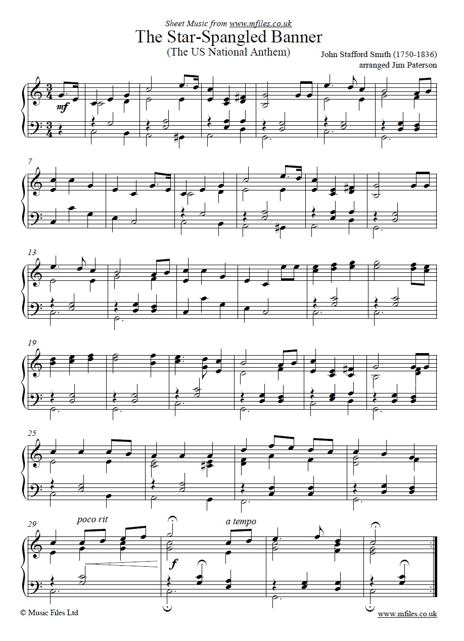 The Star Spangled Banner The US National Anthem By John Stafford Smith Classical Traditional Sheet Music