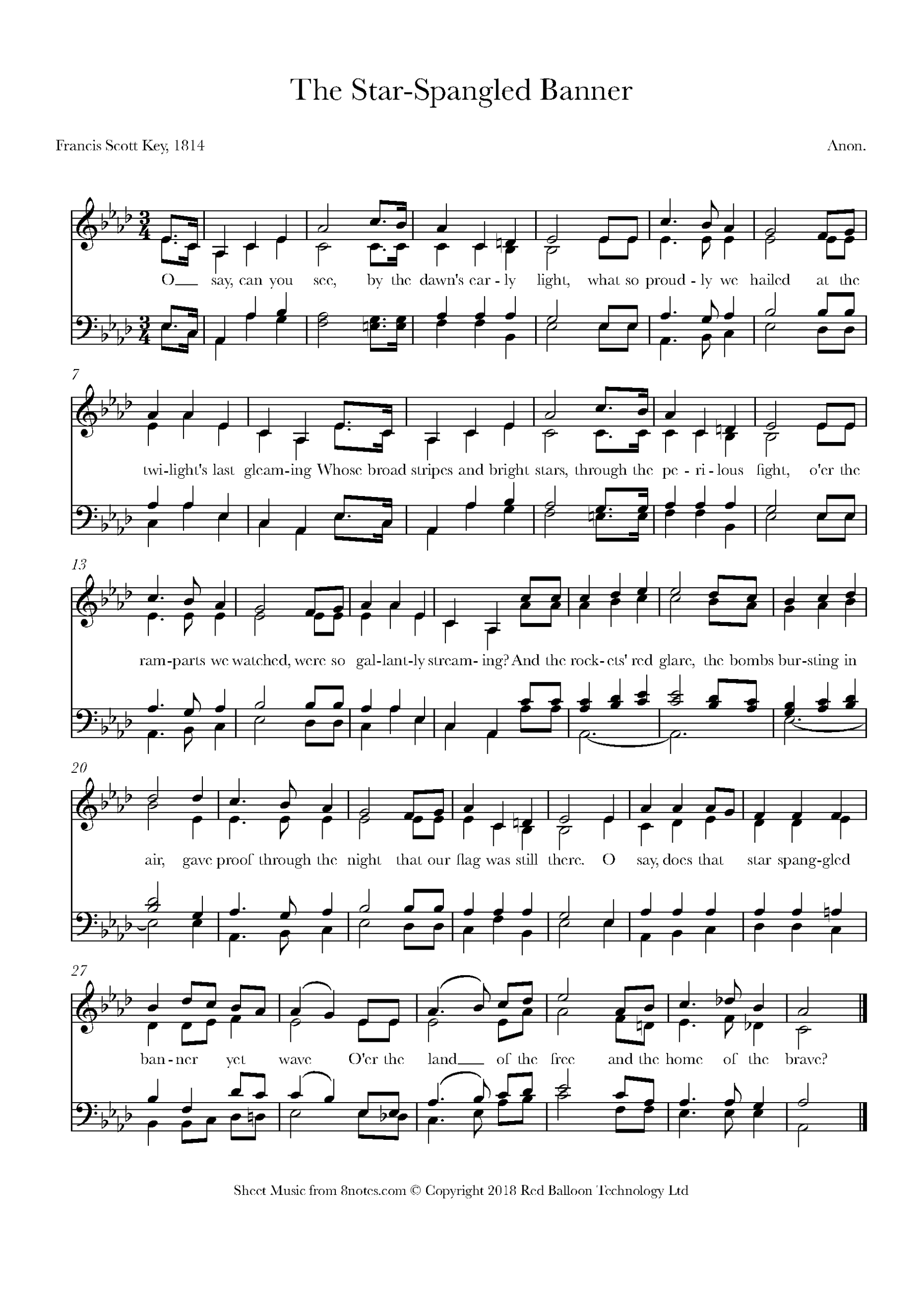 The Star Spangled Banner United States National Anthem For Piano Free Sheet Music For Piano 8notes