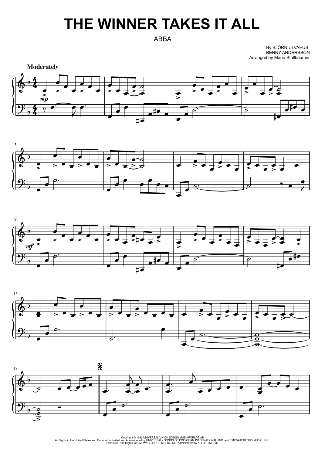 The Winner Takes It All arr Mario Stallbaumer By ABBA Sheet Music For Piano Solo At Sheet Music Direct