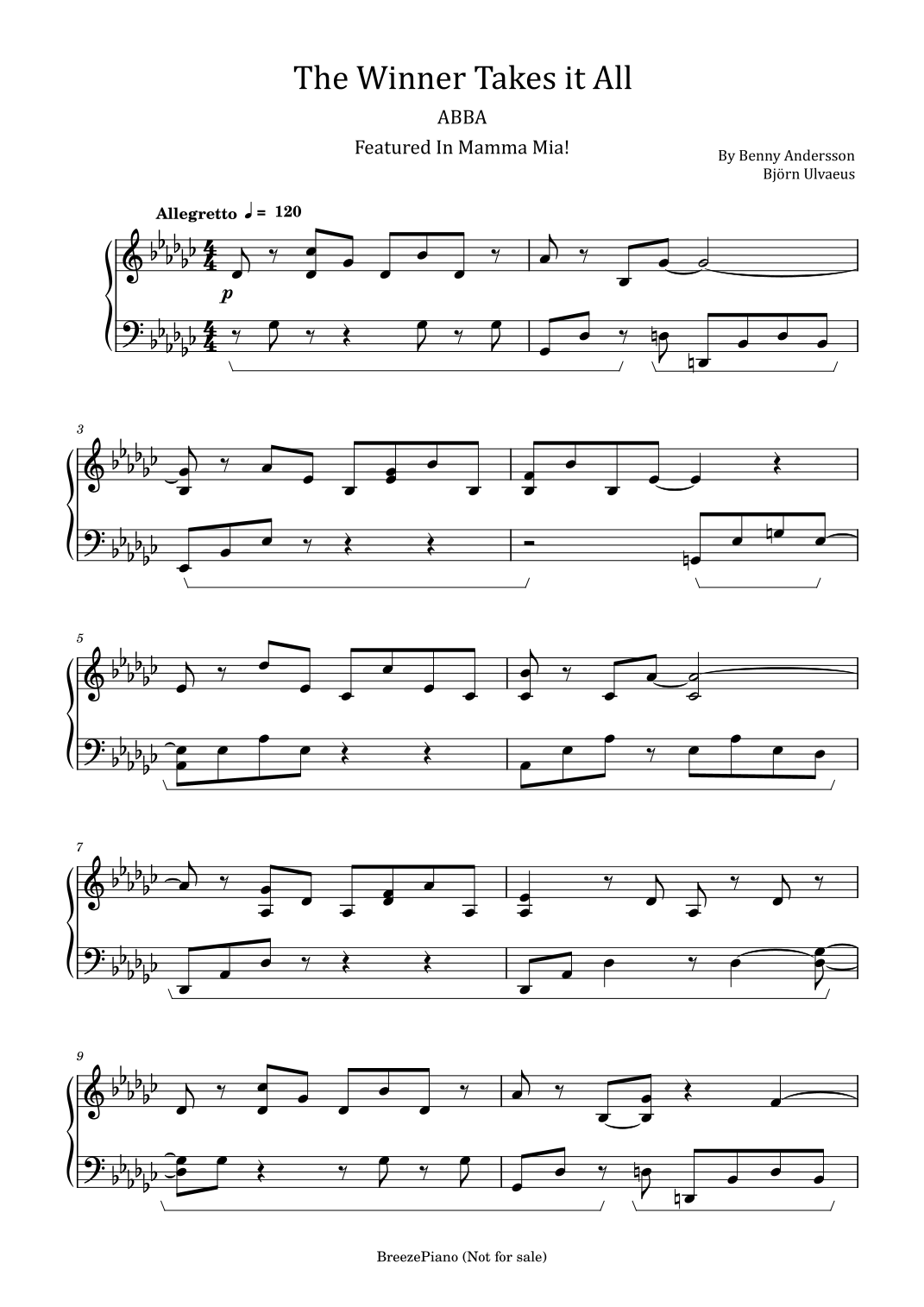 The Winner Takes It All arr Poon By ABBA Sheet Music For Piano Solo At Sheet Music Direct