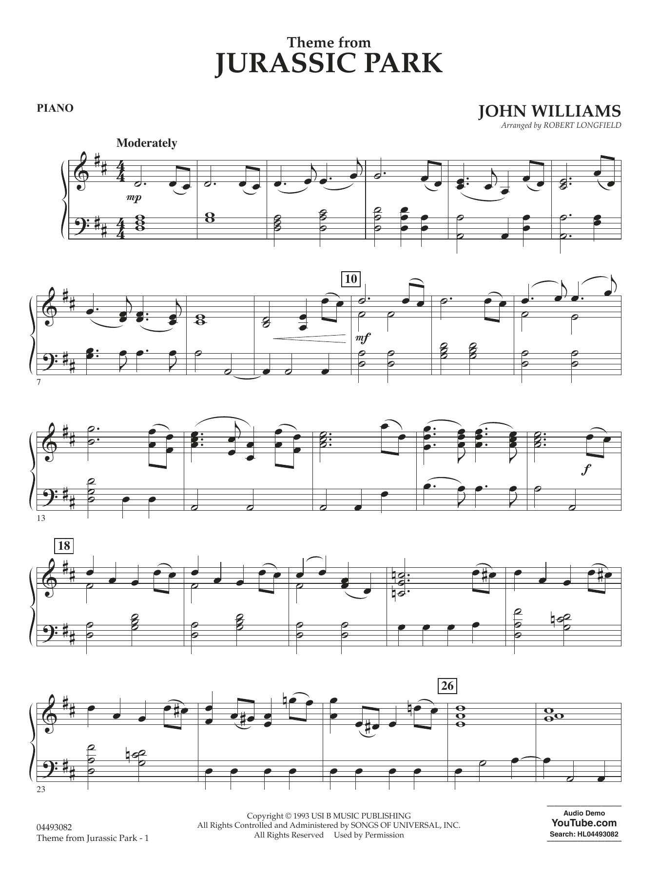 Theme From Jurassic Park arr Robert Longfield Piano By John Williams Sheet Music For Orchestra At Sheet Music Direct