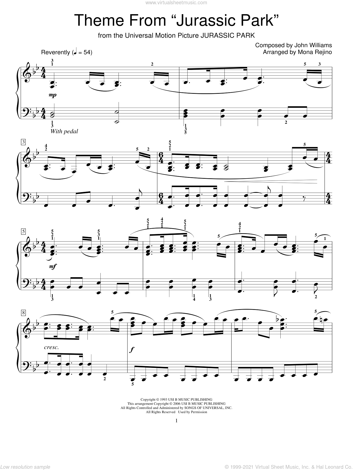 Theme From Jurassic Park Sheet Music For Piano Solo elementary 