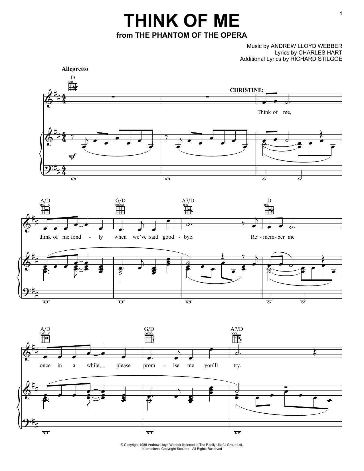 Think Of Me from The Phantom Of The Opera By Andrew Lloyd Webber Sheet Music For Piano Vocal Guitar Chords Right Hand Melody At Sheet Music Direct