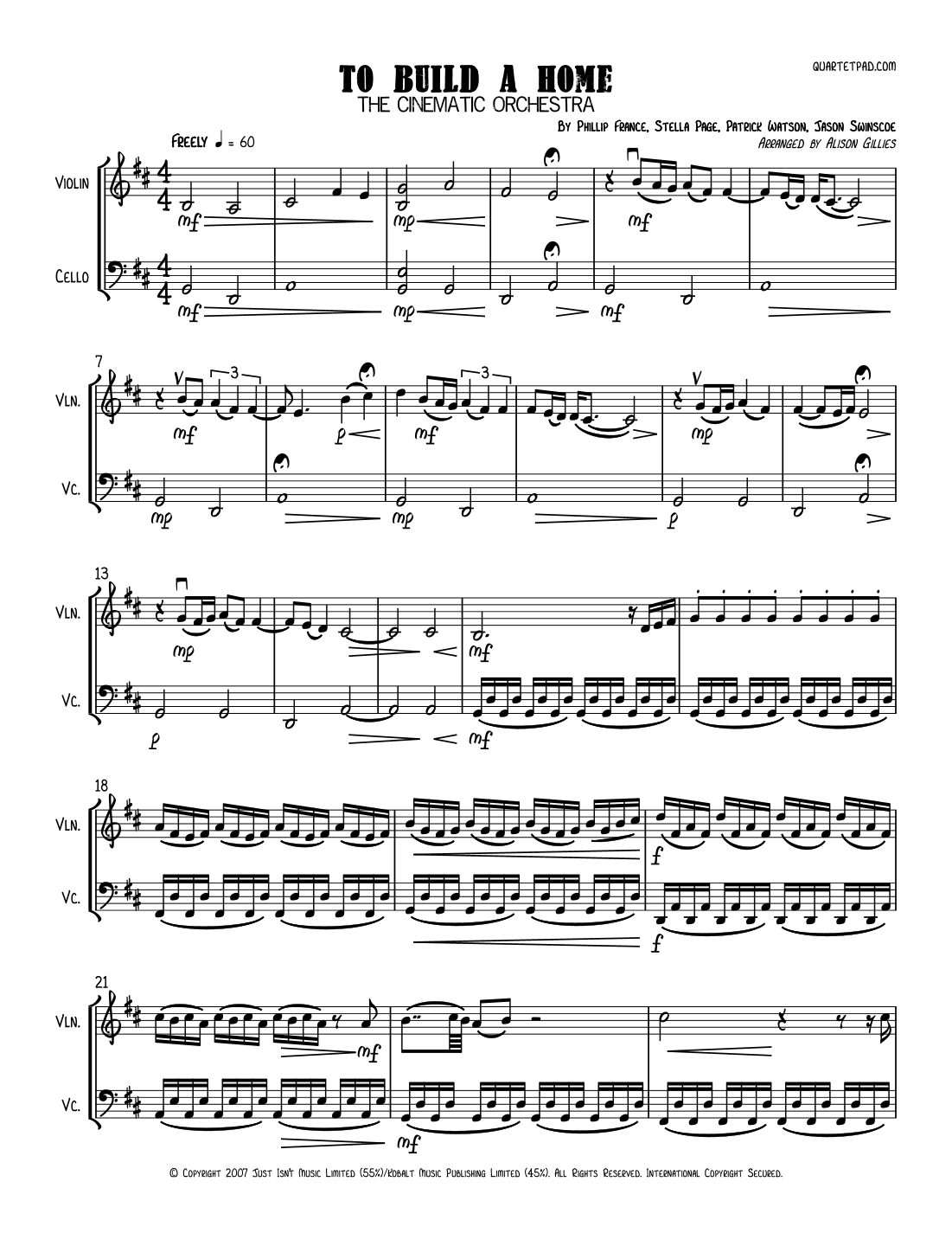 To Build A Home arr Alison Gillies By The Cinematic Orchestra Sheet Music For Instrumental Duet At Sheet Music Direct