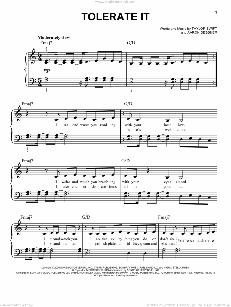 Tolerate It Sheet Music For Piano Solo PDF interactive 