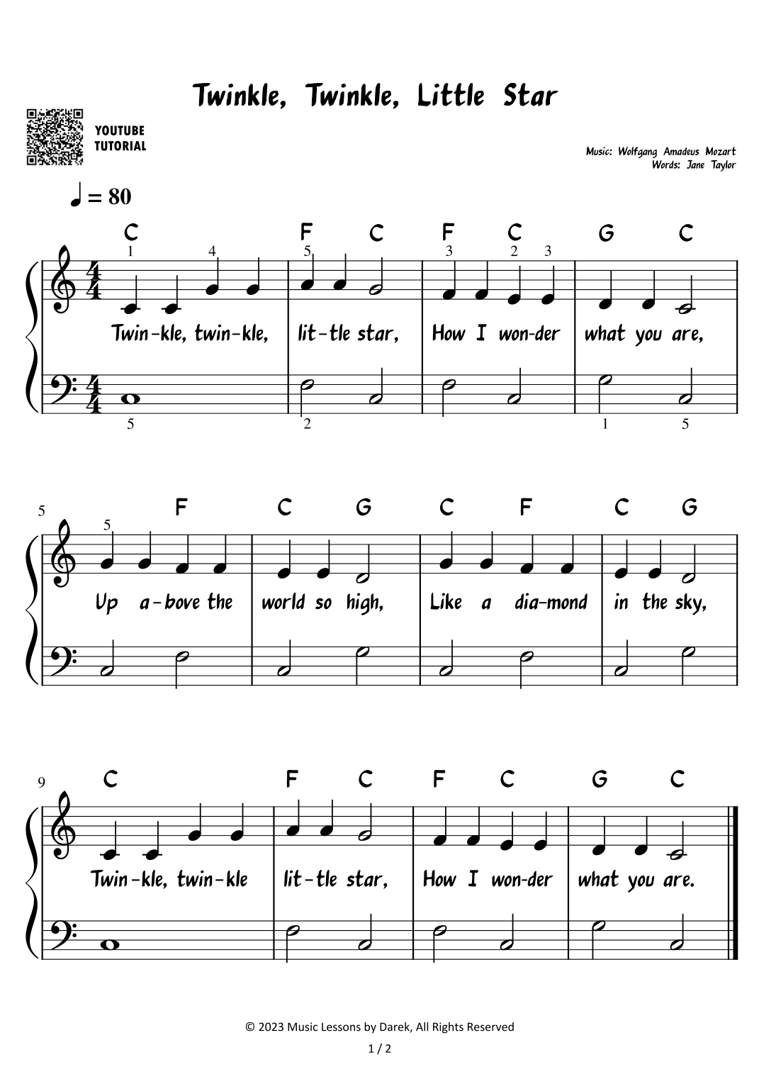 Twinkle Twinkle Little Star Children Song EASY arr Darek By Children Songs Sheet Music For Easy Piano At Sheet Music Direct