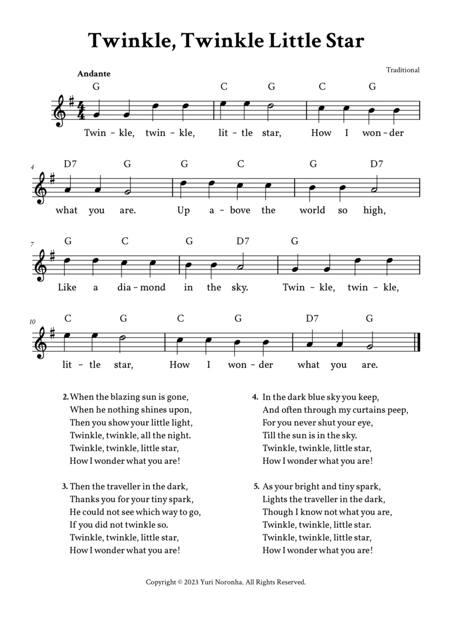 Twinkle Twinkle Little Star Lead Sheet G Major Full Lyrics By Traditional Easy Piano C Instrument Digital Sheet Music Sheet Music Plus