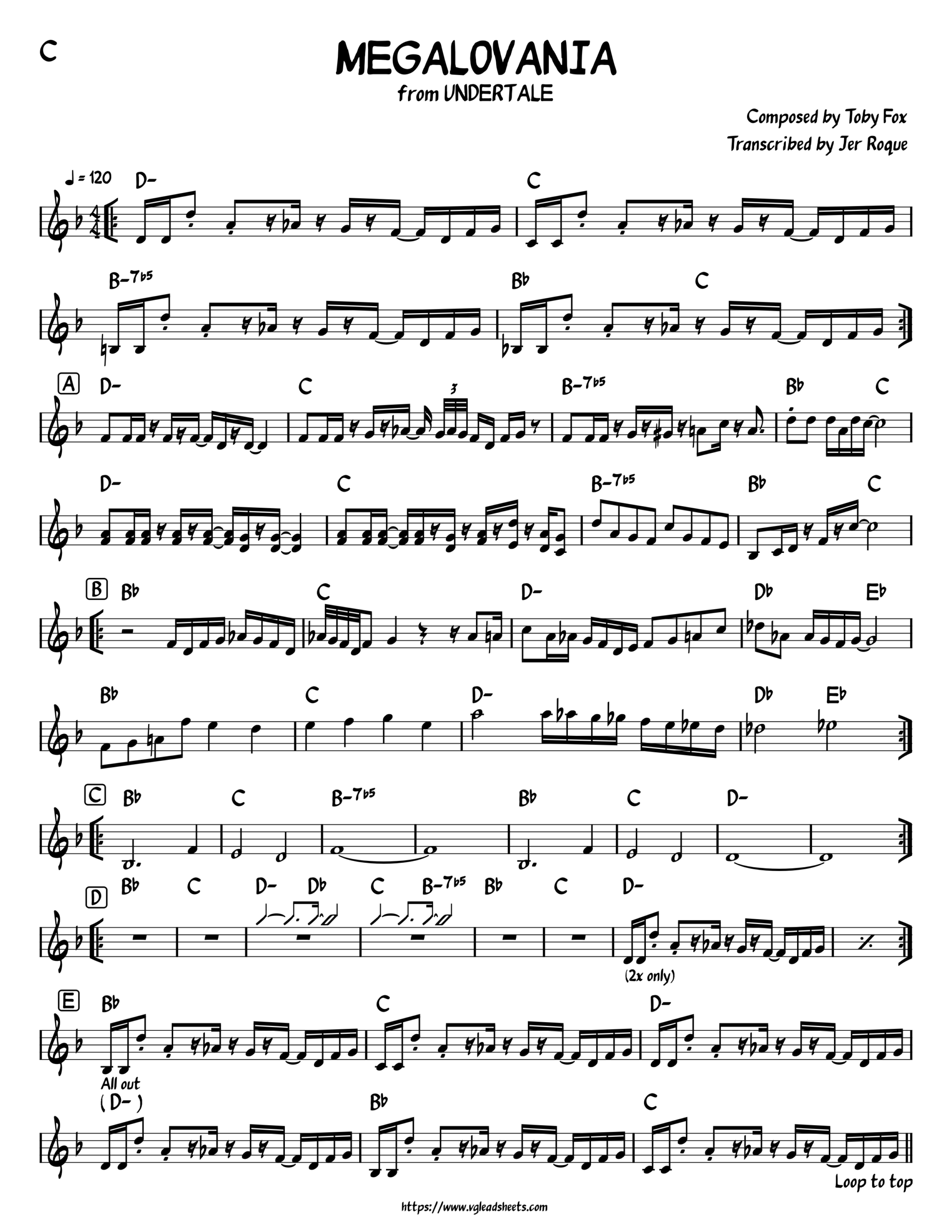 UNDERTALE MEGALOVANIA VGLeadSheets Lead Sheets For Video Game Music