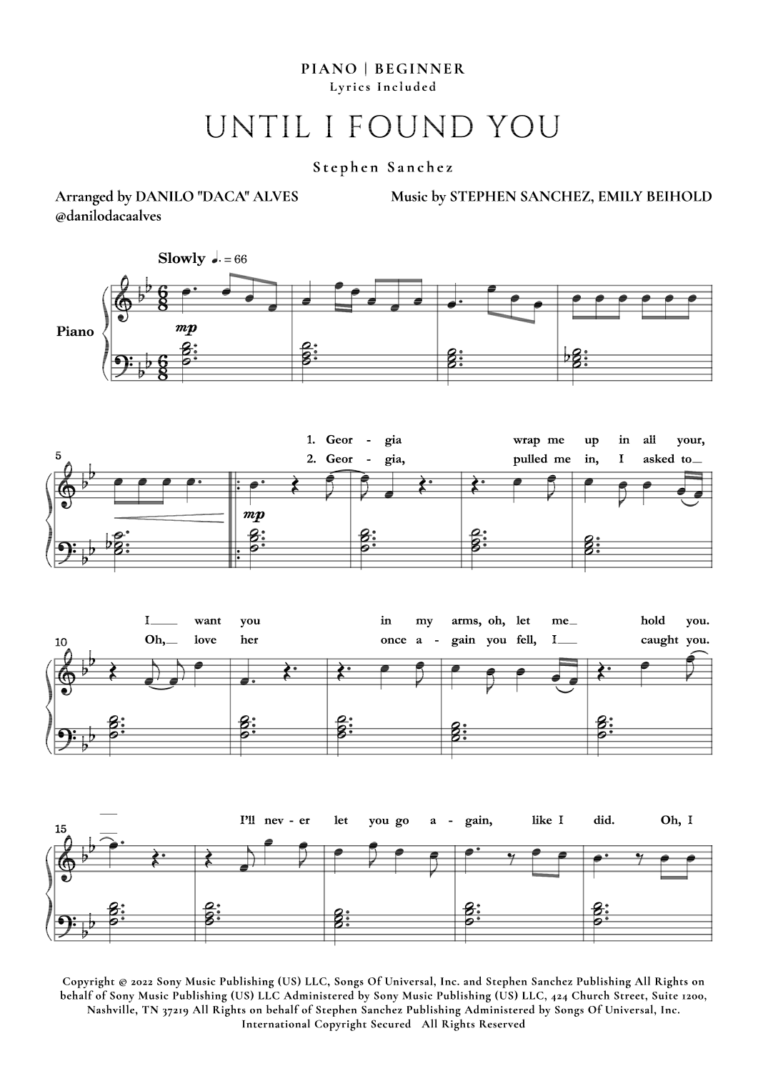 Until I Found You arr Danilo Daca Alves By Stephen Sanchez Sheet Music For Easy Piano At Sheet Music Direct