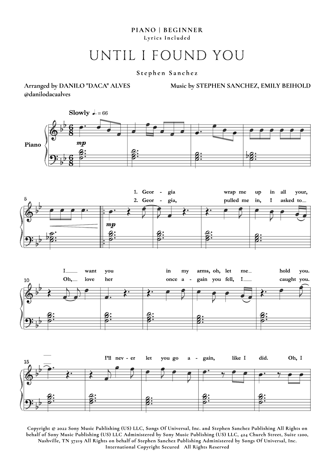 Until I Found You arr Danilo Daca Alves By Stephen Sanchez Sheet Music For Easy Piano At Sheet Music Direct