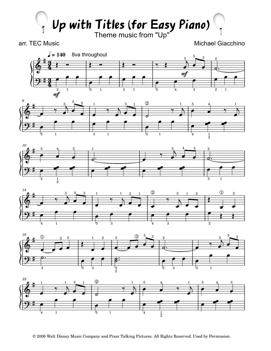 Up With Titles arr TEC Music By Michael Giacchino Sheet Music For Easy Piano At Sheet Music Direct