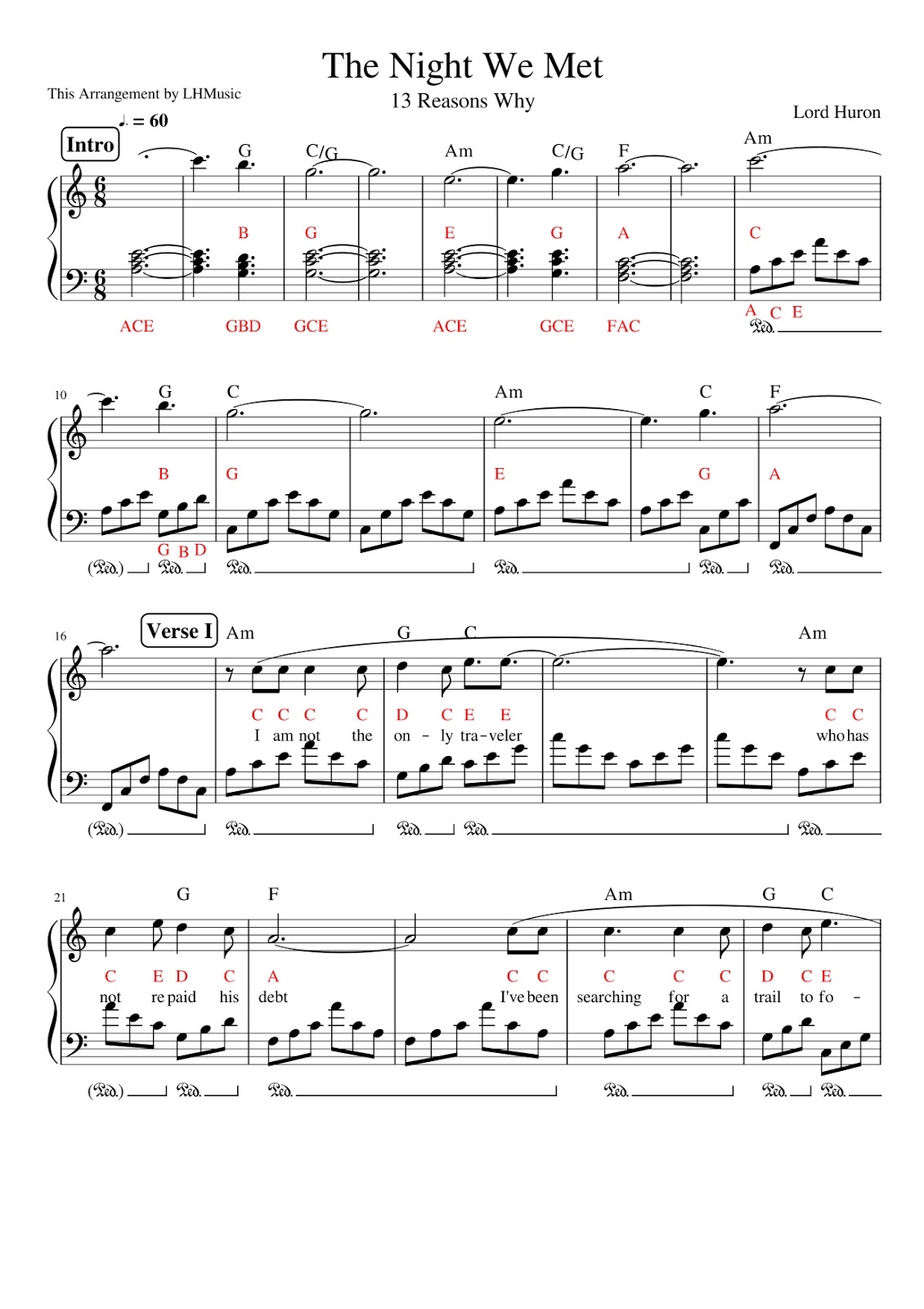 Utterly Music Piano Scores 13 Reasons Why The Night We Met By Lord Huron