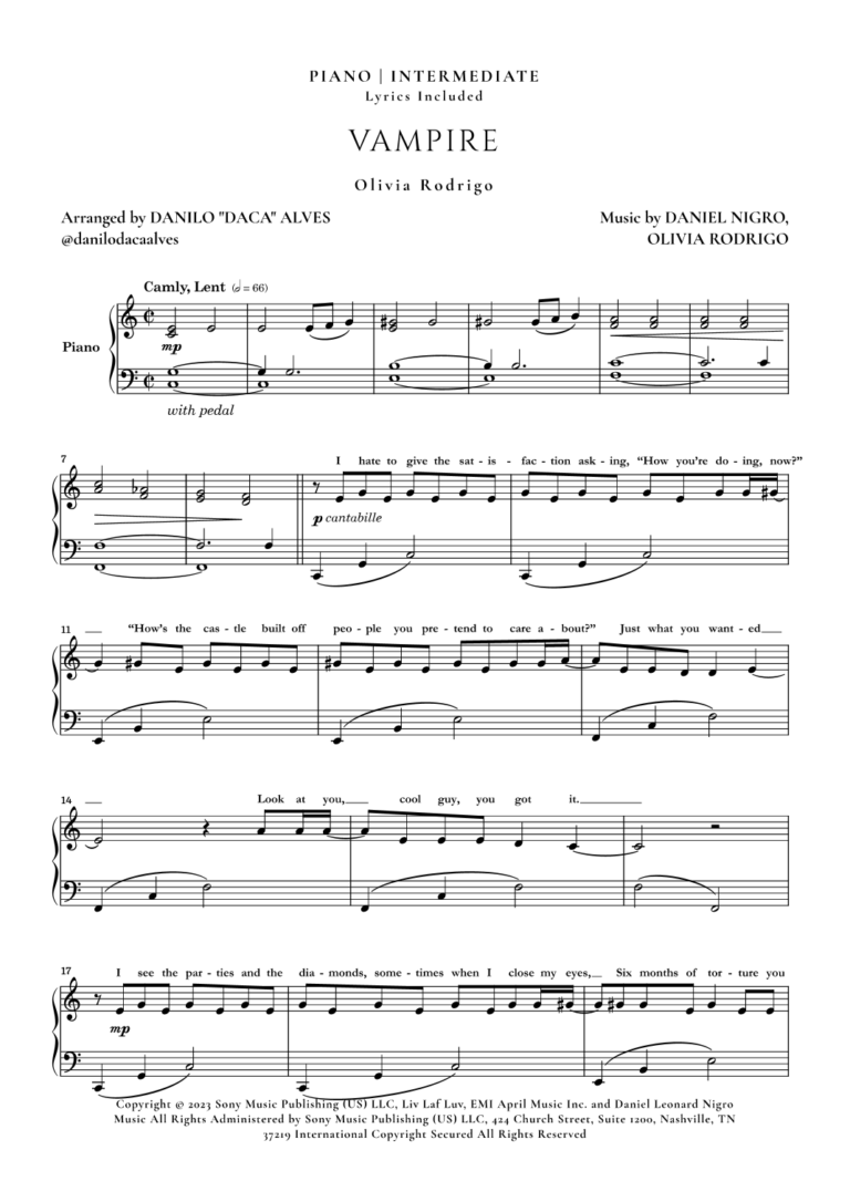 Vampire arr Danilo Daca Alves By Olivia Rodrigo Sheet Music For Piano Solo At Sheet Music Direct