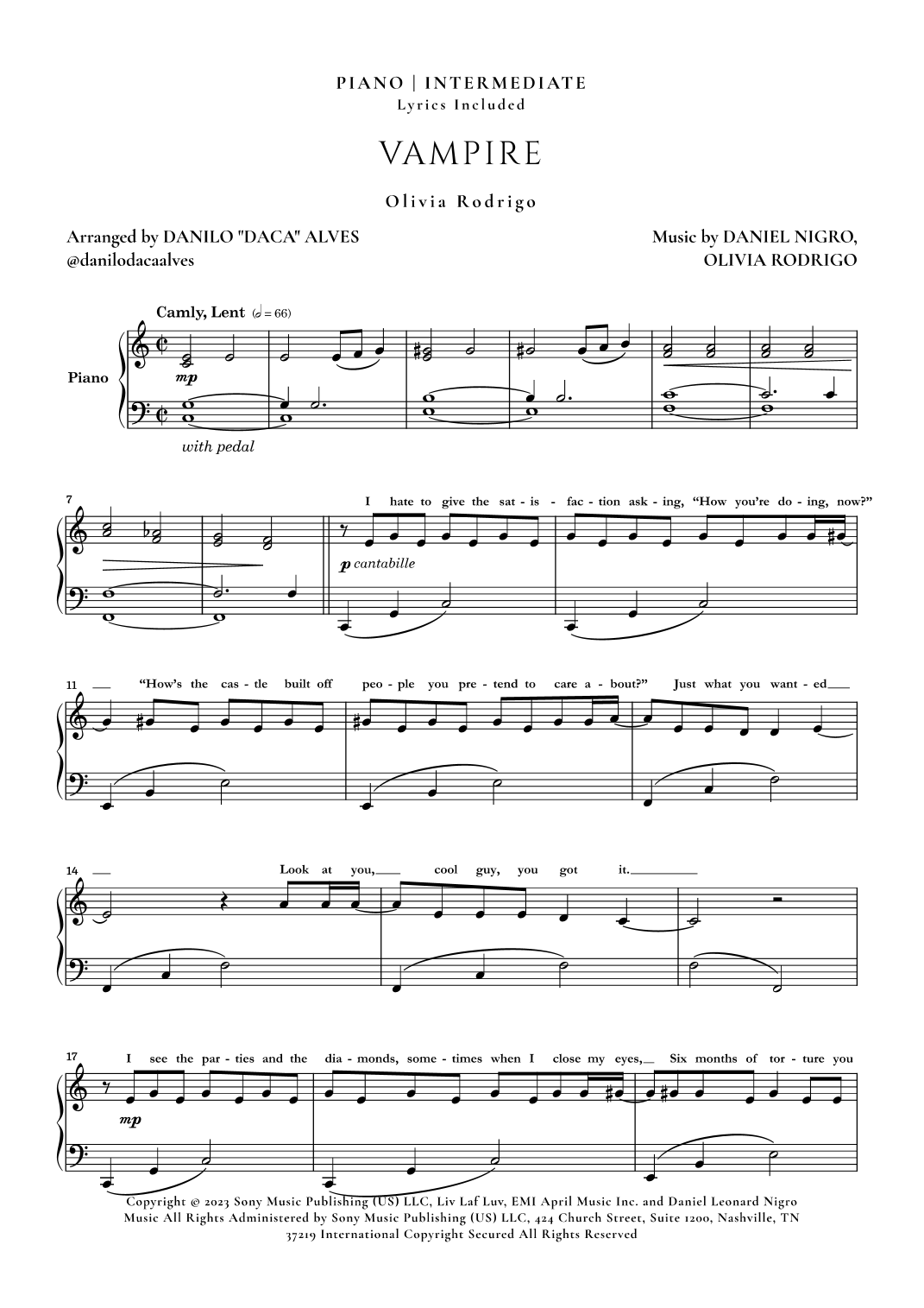 Vampire arr Danilo Daca Alves By Olivia Rodrigo Sheet Music For Piano Solo At Sheet Music Direct