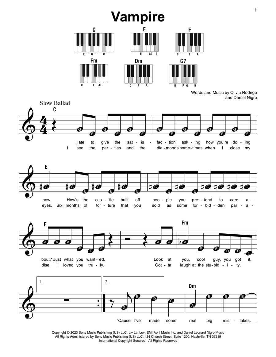 Vampire By Olivia Rodrigo Easy Piano Digital Sheet Music Sheet Music Plus